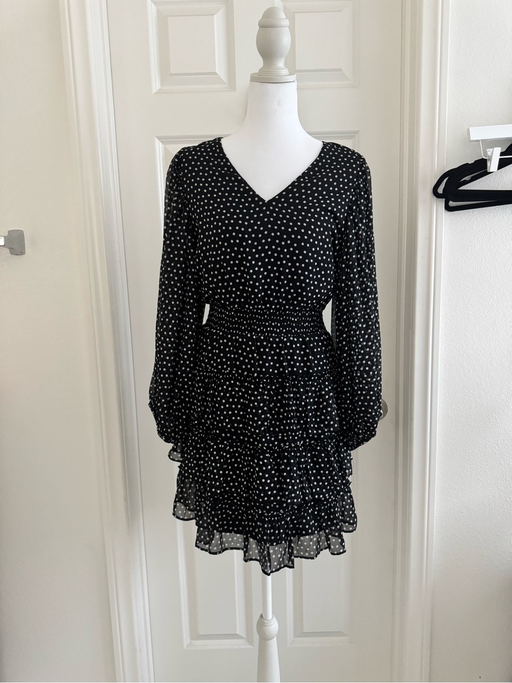 Express Black Polka Dot V-Neck Tiered Long-Sleeve Dress